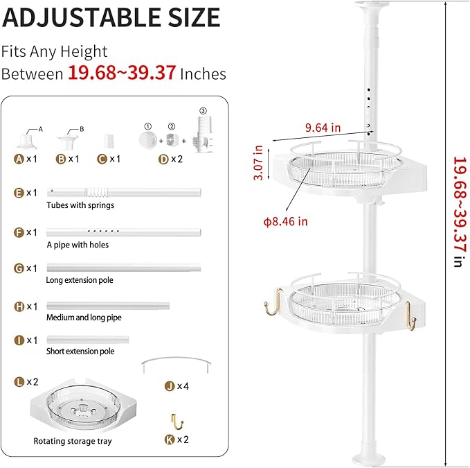 Standing Spice Rack Organizer, Counter Corner Double Tier Lazy Susan, Height Adjustable 360 Rotating Storage Rack with Hooks for Kitchen & Bathroom Corners (White)