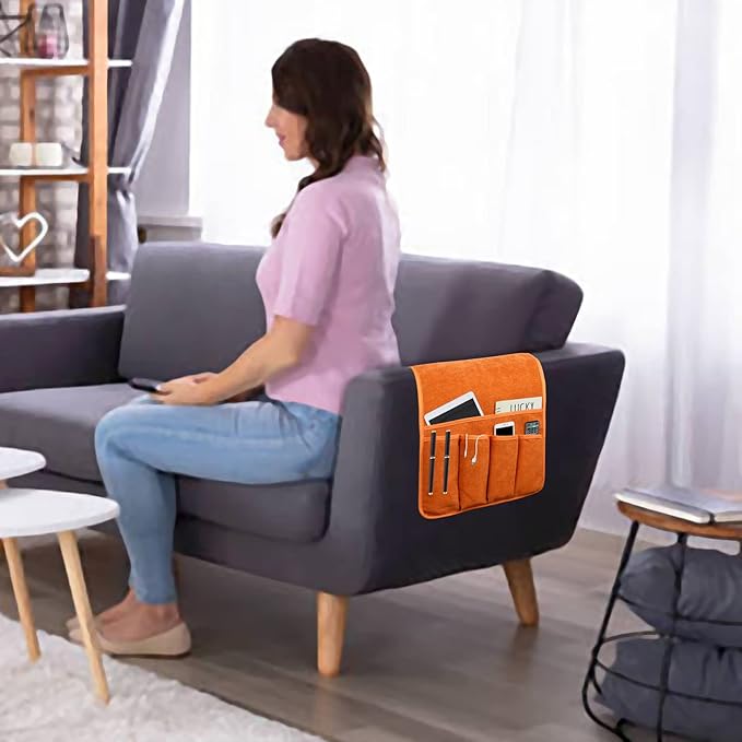 NB Sofa Armrest Organize remote holder bedside caddy organizer with 5 pockets，non-slip couch remote control holder couch armchair caddy accessories (Orange, 35"x12.4")