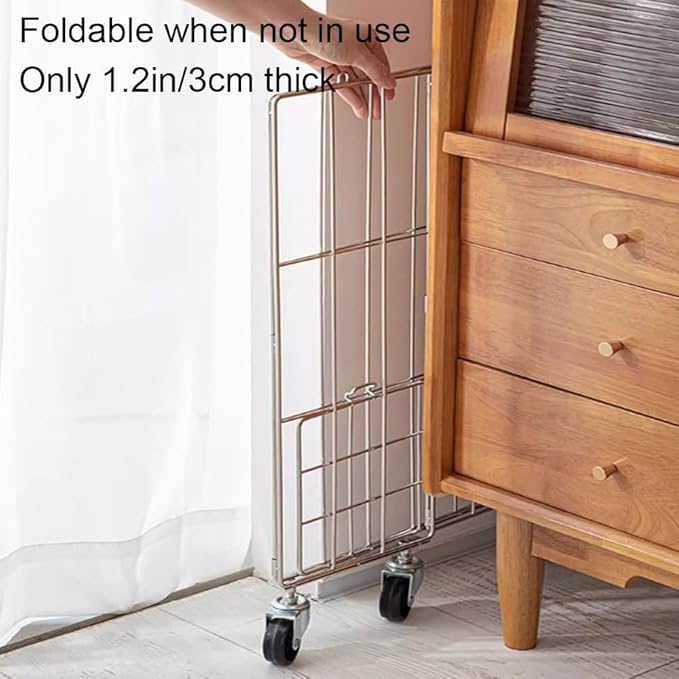 Rolling Laundry Cart with Baskets, Stainless Steel Hamper with Wheels, Slim Laundry Basket Organizer, Foldable Rolling Hamper for Bathroom and Living Room