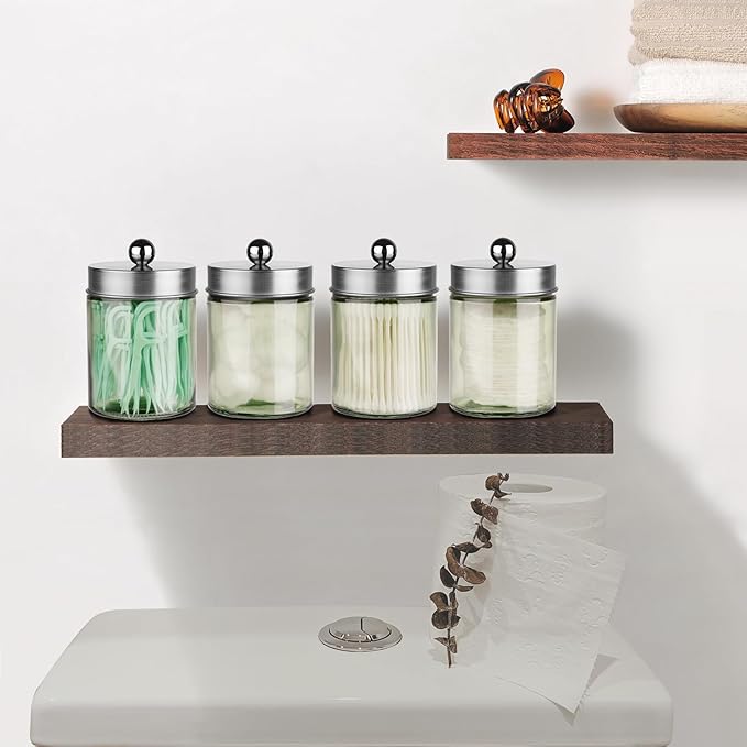 Amolliar Sage Green Qtip Holder, Glass Apothecary Jar Metal Lid & Sticker, Bathroom Qtip Dispenser Storage Canister, Perfect for Cotton Balls Swabs, Round Pads, Bath Salt, Floss, Brushed Nickel 4 Pack