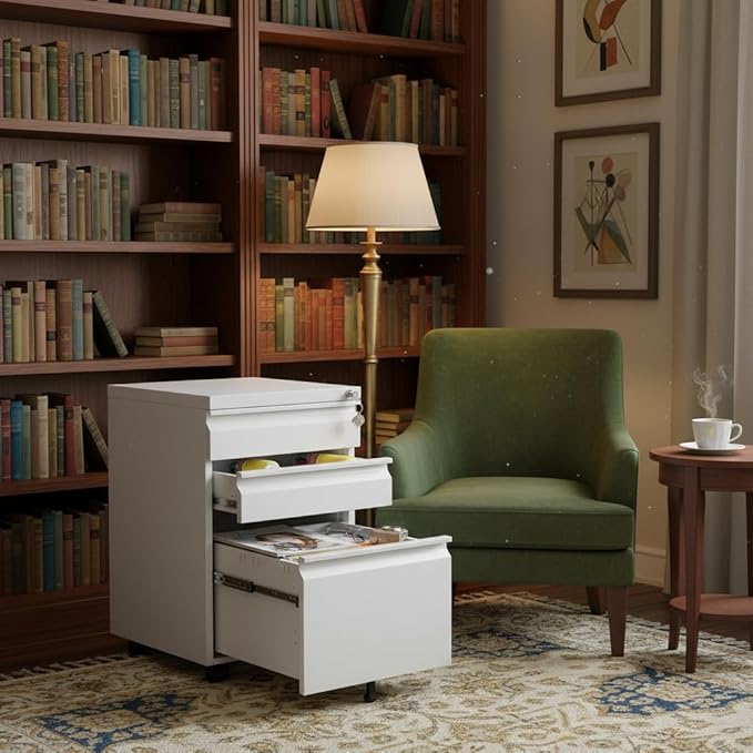 3-Drawer Metal Mobile File Cabinet with Lock, White Rolling Filing Cabinet for Letter/Legal/A4 Folders, Under-Desk Storage Organizer with Pencil Tray, 17.71" x 15.35" x 23.62" for Home & Office