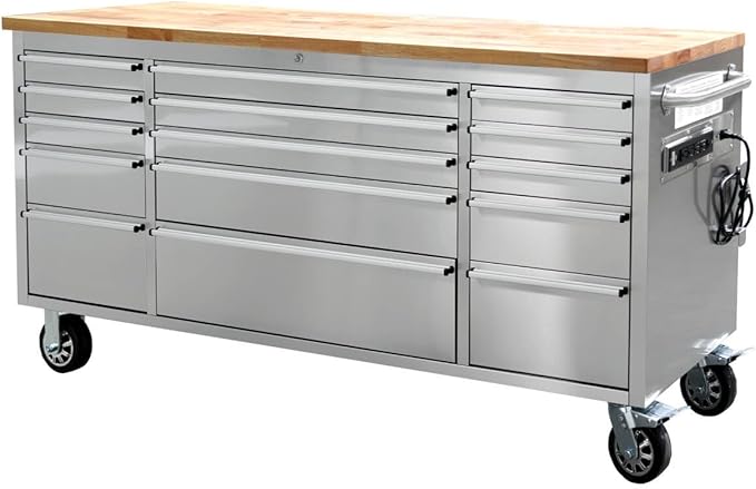 CT Copper Tailor 72-inch Tool Chest with Integrated Power Strip,15 Drawers and Wheels, Mobile Garage Workbench Storage Tool Cabinet, Large Rolling Tool Box with Wood Top, Stainless Steel