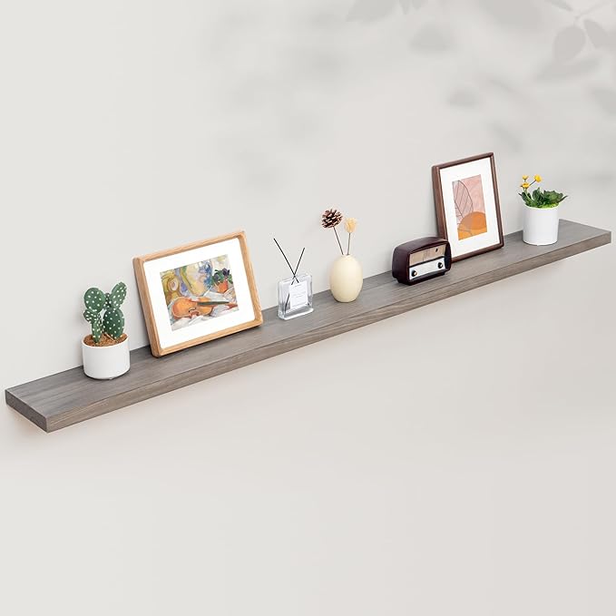 Axeman Rustic Elm Wood Floating Shelves - 72'' W x 8" D Wall Mantel Shelf with Invisible Bracket, Large Long Wall Mounted Storage Shelves for Living Room, Bedroom, Kitchen, Bathroom, Grey