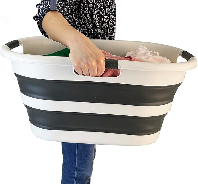 SAMMART 40L (10.5 gallon) Collapsible Plastic Laundry Basket - Foldable Storage Container- Portable Washing Tub - Space Saving Hamper (1, Grey/Washed Black)
