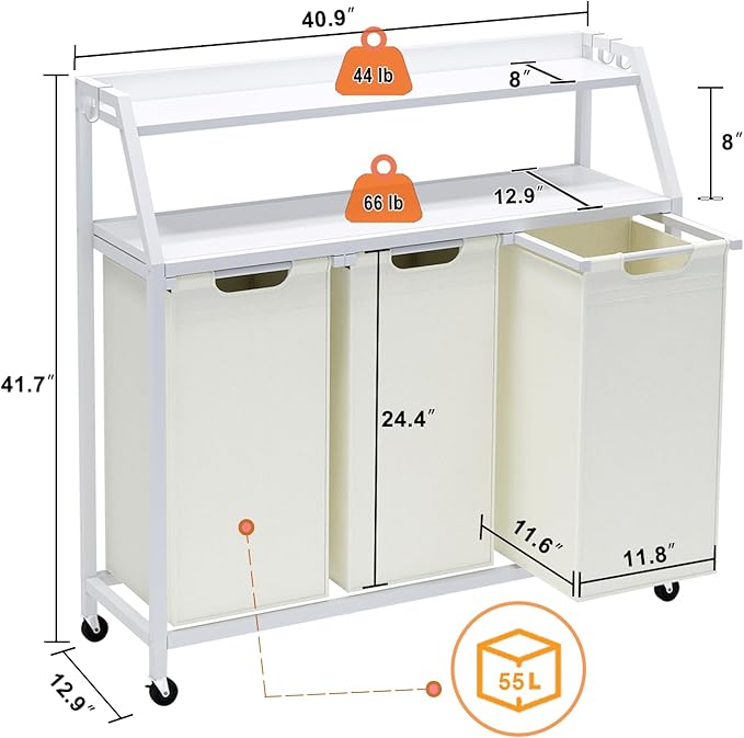 Laundry Hamper, Laundry Sorter 3 Section, Rolling Laundry Basket with Wheels, 2 Shelves, 3 × 14.5 Gal, Pull-Out and Removable Oxford Fabric Bags, for Laundry Room, White and Beige