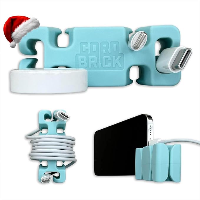 CordBrick Stocking Stuffers for Adults Cord Management Weighted Cord Holder Cable Wrap Phone Stand - Multiuse Gadget Organizer for Nightstand, Desk. Gift for Men, Durable Silicone. 1pk Aqua