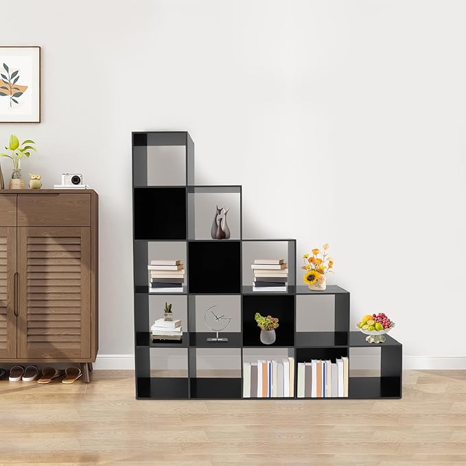 15 Cube Storage Organizer with 154 lbs Capacity, Bookcase for Study Room Bedroom Living Room, Black Ladder Cube Storage Unit for Books Toys Decor, L-Shaped Corner Bookcase Shelf