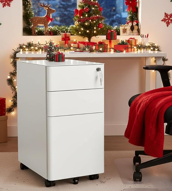 Mount-It! Slim Rolling Under Desk Cabinet, Mobile Filing Cabinet with 3 Drawers and Lock for Home & Office File Storage, White