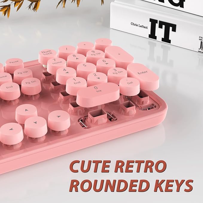 Wireless Keyboard,KOOTOP Cute Colorful 104 Keys Typewriter Retro Round Keycaps Keyboard for PC Laptop,Desktop,Windows, Home and Office Keyboards (Pink)