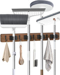 Broom Holder Wall Mounted, 4 Holders and 4 Hooks Mop Holder, Wooden Mop and Broom Holder with Anti slip rubber, Natural pine wood Brush Holder, Mop Wall Holde with Nail installation, Room Storage