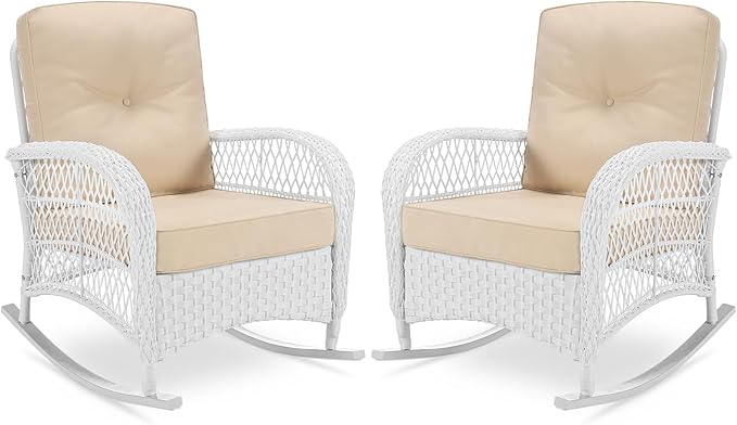VIVIJASON 2 Piece Patio Wicker Rattan Rocker Chair, Outdoor Rattan Rocker Chair with Cushions & Steel Frame, All-Weather Rocking Lawn Wicker Furniture for Garden Backyard Porch (White Wicker/Beige)