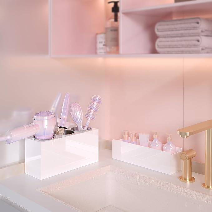 Hair Tool Organizer, Acrylic Hot Hair Styling Tool Organizer with 3 Cups, Hair Dryer Holder for Bathroom Organization Bedroom Vanity Countertop Caddy Storage Curling Iron Stand (Glossy White)