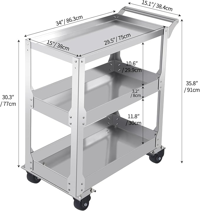 3-Tier Stainless Steel Utility Cart, 1000lbs Capacity with 360° Locking Casters, Heavy-Duty Rolling Cart for Garage, Workshop, Warehouse & Kitchen - Silver