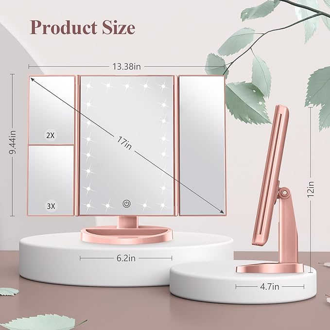 HUONUL Makeup Mirror Vanity with Lights, 2X 3X 10X Magnification, Touch Control, Trifold Mirror, Dual Power Supply, Gifts for Women, Wife, Mom, Teengirls(Rose Gold)