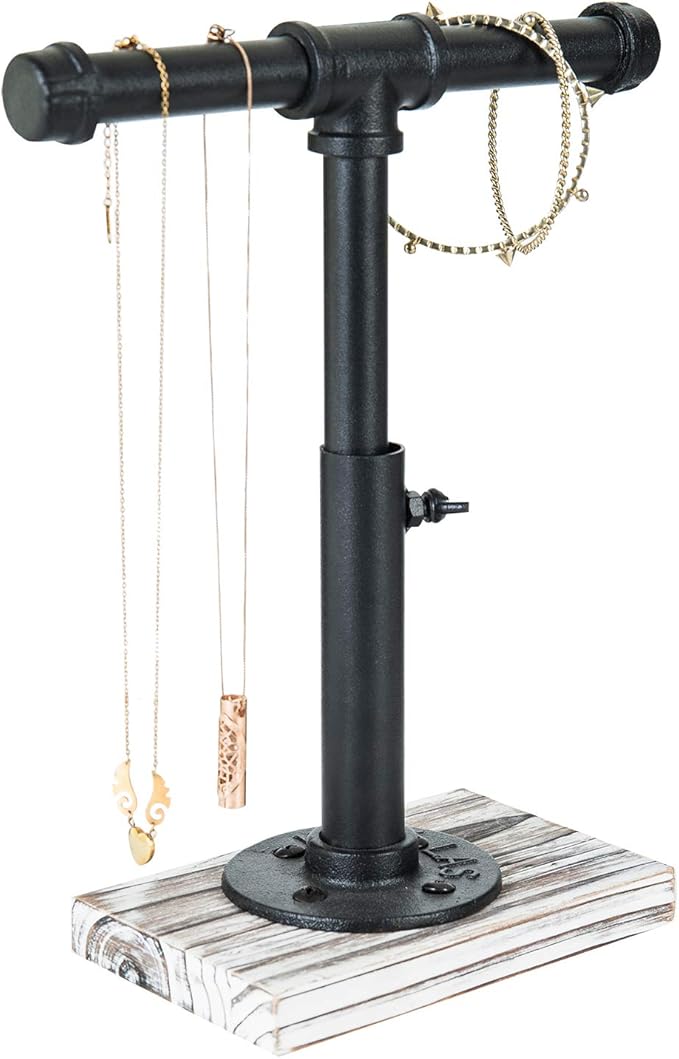 MyGift Industrial Pipe Black Metal T-Bar Adjustable Height Jewelry, Bracelet & Necklace Display Stand with Torched Wood Base