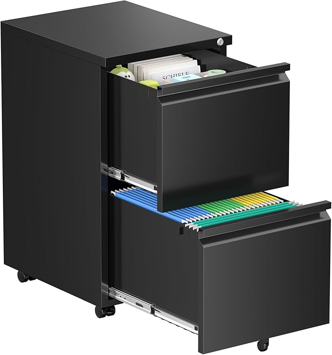 Bonusall 2 Drawer File Cabinet, Metal Rolling File Cabinets with Lock, Filing Cabinets for Home Office Fit A4/Letter/Legal, Easy Assembled, Black