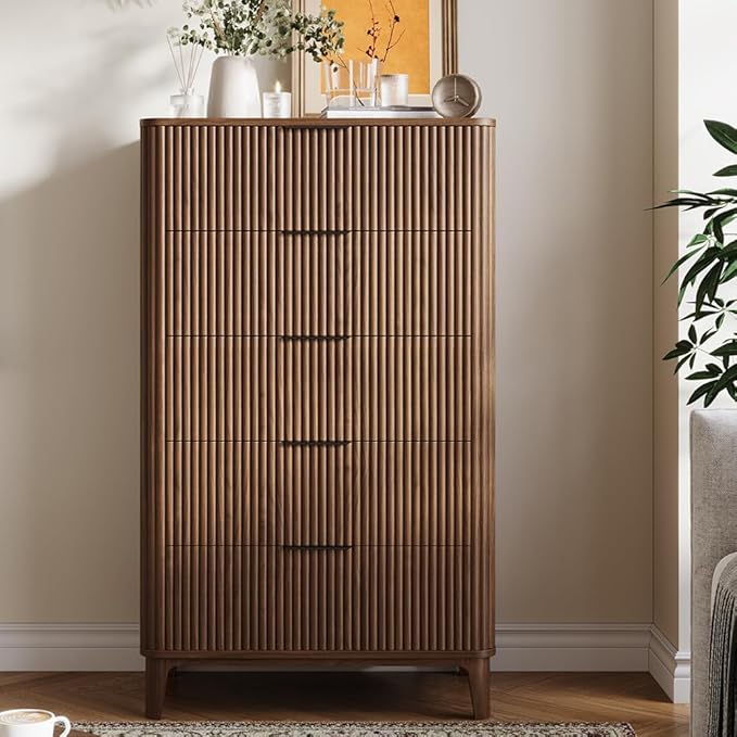 Fluted Dresser for Bedroom with 5 Drawers Set of 2, 45" Large Closet Clothes Wood Tall Dresser Storage Organizer, Mid Century Modern Chest of Drawers with Deep Storage Walnut