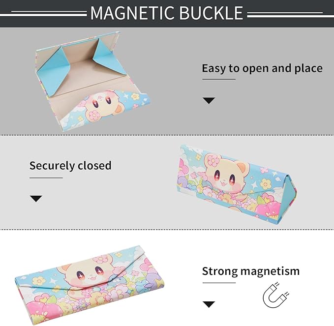 Foldable Glasses Case, Magnetic PU Leahter Sunglasses Case, Cute Hard Shell Folding Eyeglass Cases for Women Kids