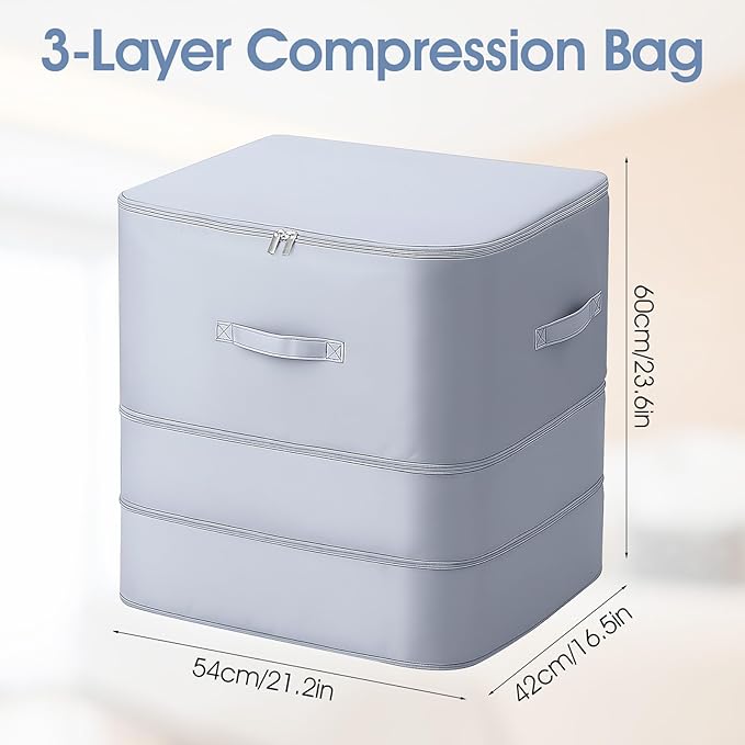 2 PCS 3-Layer Ultra Space Saving Zipper Compression Storage Bags Large Capacity Organizer Multifunctional Comforter Storage Bag for Comforters Blankets Bedding and Seasonal Clothing Gray