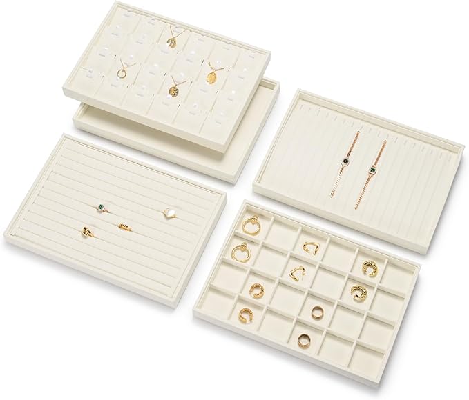 Beige Jewelry Necklace Display Tray 24 Grids Pendant Earrings Necklace Organizer Display Showcase Microfiber Jewelry Storage Tray