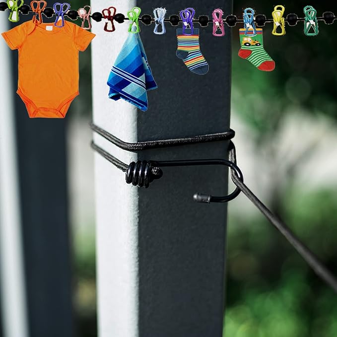 1 Pack Portable Clothesline with 12 Clothespins, Windproof Travel Clothesline Stretchy Retractable Elastic Laundry Clothes Line for Backyard, Vacation Hotel, Balcony Clothes Drying Line (Color)