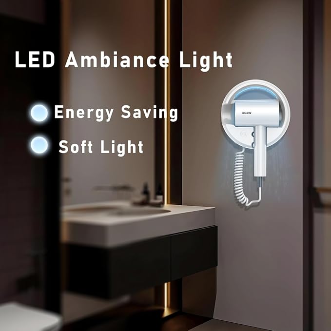 Hotel Wall Mount Hair Dryer for Bathroom with Night Light, 110V, Quiet, Overheat Protection, Negative Ion Technology