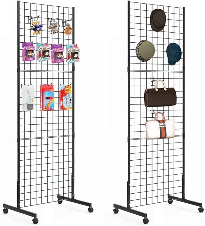 Eastern Tree 1 Pack 2'x 5' Three Pieces Gridwall Panels Stand with T-Base, Black Wire Grid Wall Rack with Wheels, Craft Display Rack, Retail Display Stand, Extra More 8 Pieces Hooks