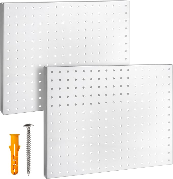G.CORE Heavy Duty Metal Pegboard Organizer - Wall Storage Steel Peg Board Panels Set 1/4 inch Round Holes 17"x13" 2 Pack Garage Craft Tool Display Hanging Rack Organization Kit with Mounting Hardware