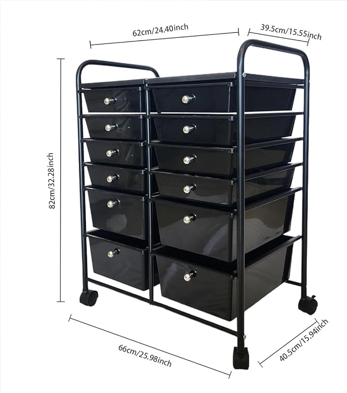 Multipurpos 12 Drawers Rolling Storage Cart With Drawers, Black Plastic Storage Trolley, Rolling Carts With Wheels, Craft Corner Storage Organizer for Kitchen Bathroom Garage Office Salon Shop