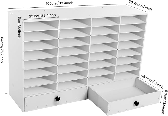 Adjustable Literature Organizer, 32 Compartments Mail Sorter Organizer with 2 Drawers, PVC Desktop File Sorter, Classroom Mailbox Office Mailbox Cubbies for Office, Home, Study Room White