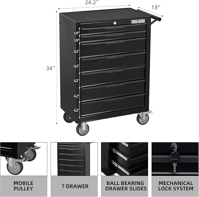 7-Drawer Rolling Tool Chest with Locking Wheels & Drawers, 13" D x 24.2" W x 34" H Mobile Tool Storage Cabinet, Heavy-Duty Garage Organizer w/Ergonomic Handle