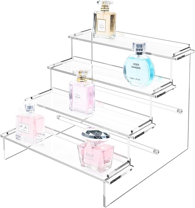 ULENDIS 4 Tier Acrylic Display Stands Organizer for Perfume, Upgrade Clear Display Stand Risers Shelf for Cupcakes Perfumes Figurines, Desktop Tiered Display for Decorating & Organizing