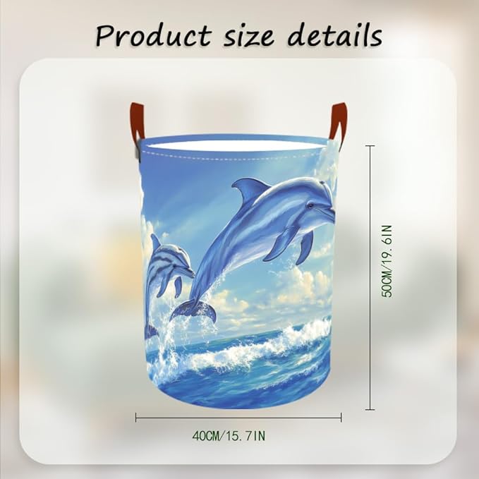 Laundry Baskets 15.7x19.7 Inch Large Dolphin Ocean Design Collapsible Laundry Hamper with Handles Oxford Fabric Clothes Storage Bin Foldable Dirty Clothes Organizer for Bathroom Bedroom Dorm