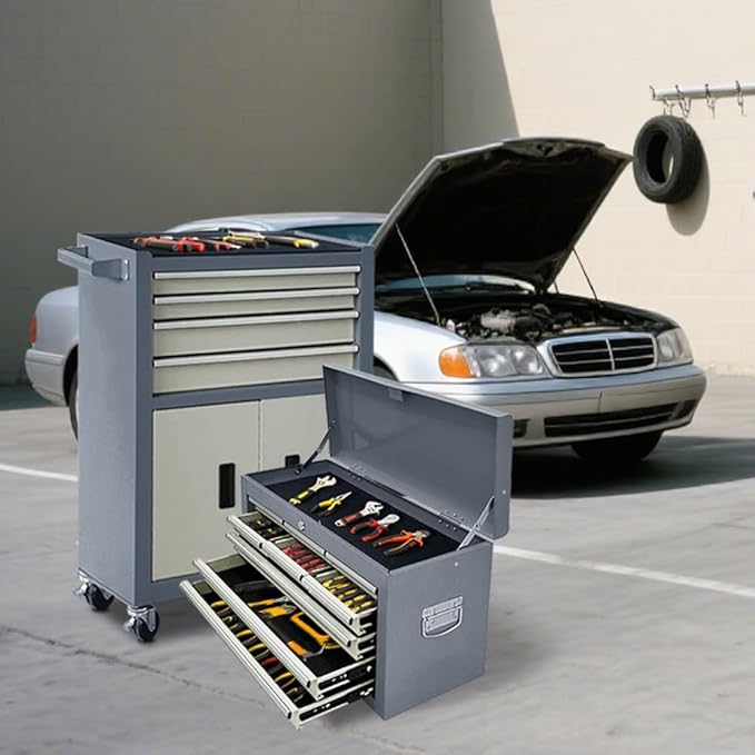 Tool Chest 13-Drawer with Double Door Handle,2 in 1 Detachable Rolling Tool Chests with Wheels and Drawers,Large Tool Box with Lock for Warehouse,Garage (Gray)