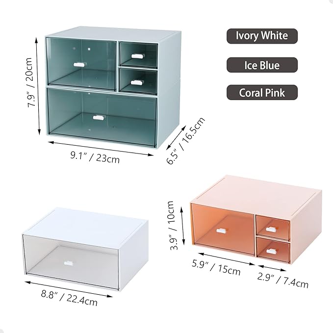 Desk Craft Organizer and Storage with 4 Mixed Drawers, Stackable Plastic Desktop Accessories & Workspace Organizer for Office Stationary, Makeup Skincare, Sanitation Supplies, Blue