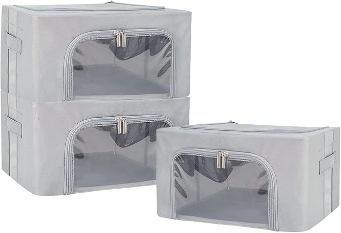 UUBEMM Clothes Storage Bins with Foldable Sturdy Frame,Stackable Storage Box for Closet Shelf Organizers for Seasonal Clothing,Blankets,Towel Bed Sheets,Toys Gift Others (Small -22L x3PACK, Grey)