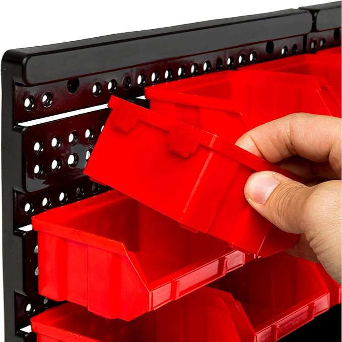Wall Mounted Storage Bins, 30 Wall Mount Tool Organizer Bins Plastic Parts Rack Container, Easy Access Compartments For Tools, Hardware, Crafts, Office Supplies And More, Blackred