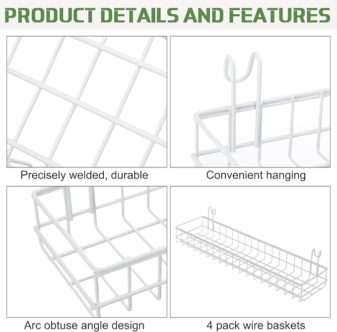 Blulu 4 Pcs 15.75 x 3.94 x 1.97 Inch Metal Grid Wall Baskets with Hooks Grid Wall Shelves Hanging Wire Basket Multi Function Storage Organizer for Kitchen Organizing Display (White)
