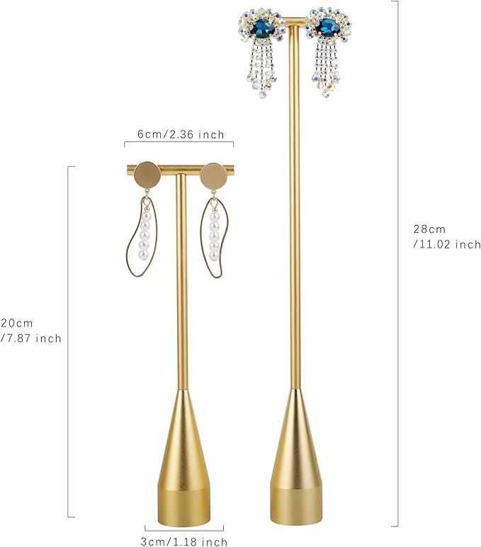 GemeShou 2pcs Gold earring display T bar stand, Big jewelry earring holders for Boutique Store, Jewelry holders high enough for long earring necklace【Gold-2pcs Height 7.9" and 11"】