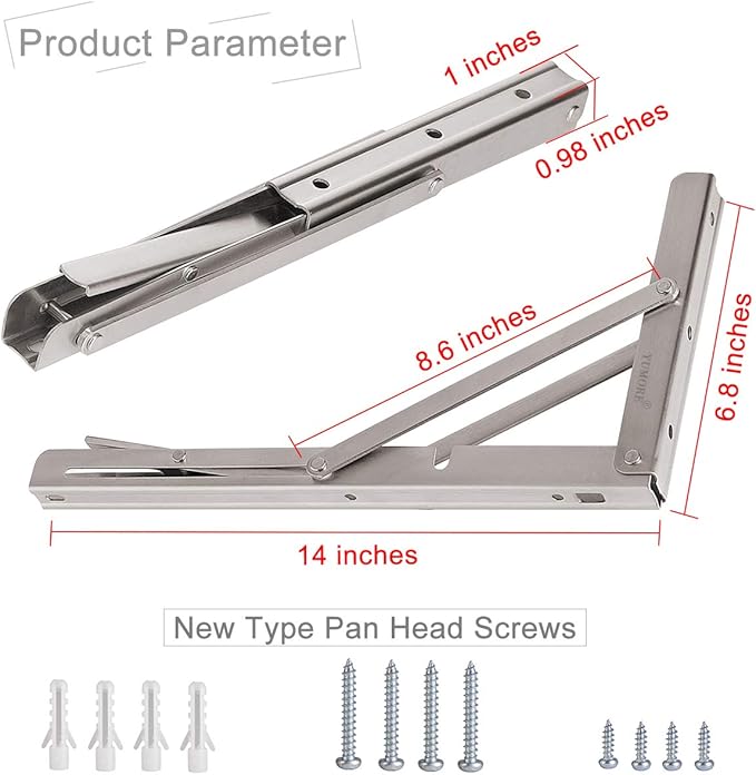 YUMORE Folding Shelf Bracket 14",Heavy Duty Stainless Steel Collapsible Shelf-Bracket Max Load 330lbs Wall Mounted Table Support Hinge for Space-Saving DIY Work Bench with Install Screws, Pack of 2