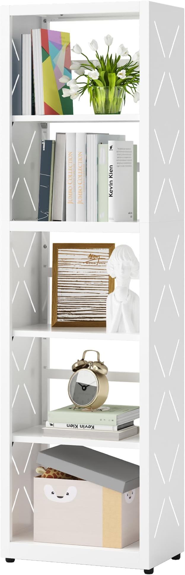 Narrow Bookshelf,5 Tier Bookcase,55" White Metal Small Bookshelf with Adjustable Feet and Adjustable Shelves,Home Office Bookcase Shelf Storage Organizer for Living Room、Kitchen