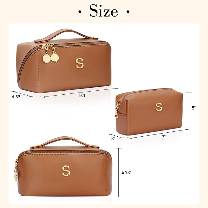 Birthday Gifts for Women Teen Girl, Personalized Initial Makeup Organizer Bag Set, Open Flat Travel Cosmetic Bag With Clear Divider and Handle(Brown,S)