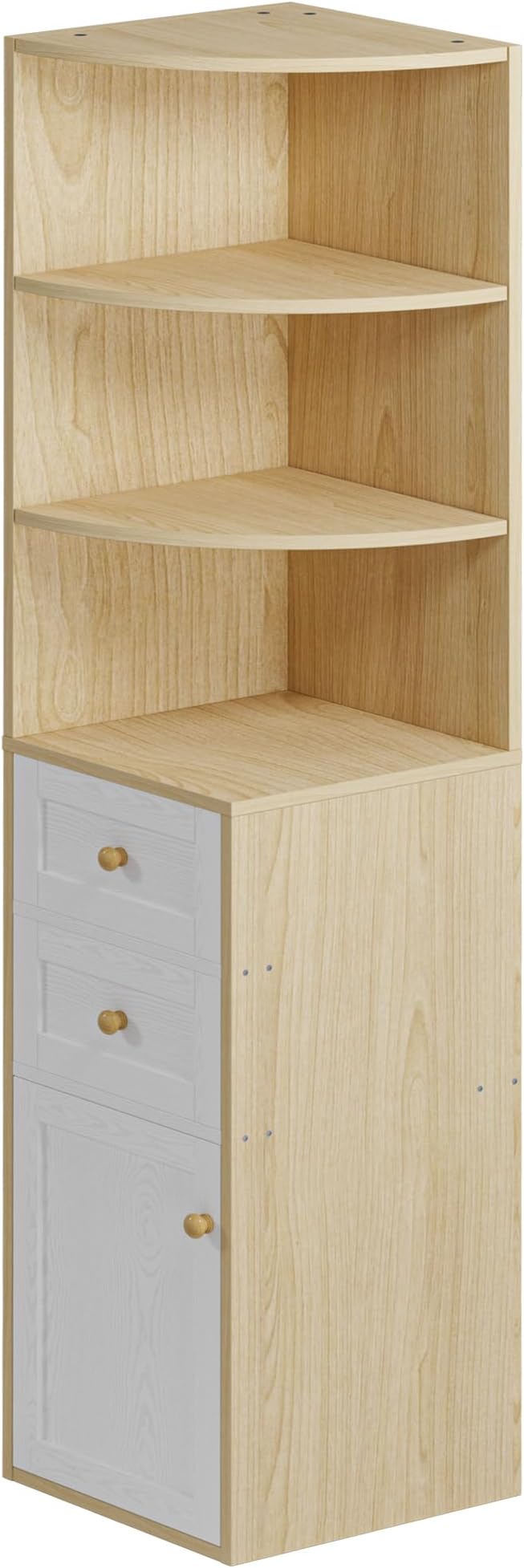 IRONCK Corner Bookshelf and Bookcase, 71" H Wooden Book Shelves 3 Tier with Drawers and Storage Cabinet for Living Room, Office, Bedroom, Oak and White