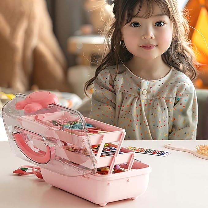 Cute Hair Accessories Organizer 3-Layers Kids Jewelry Storage Box Plastic Hair Accessories holder for Girls (Pink-Rabbit)