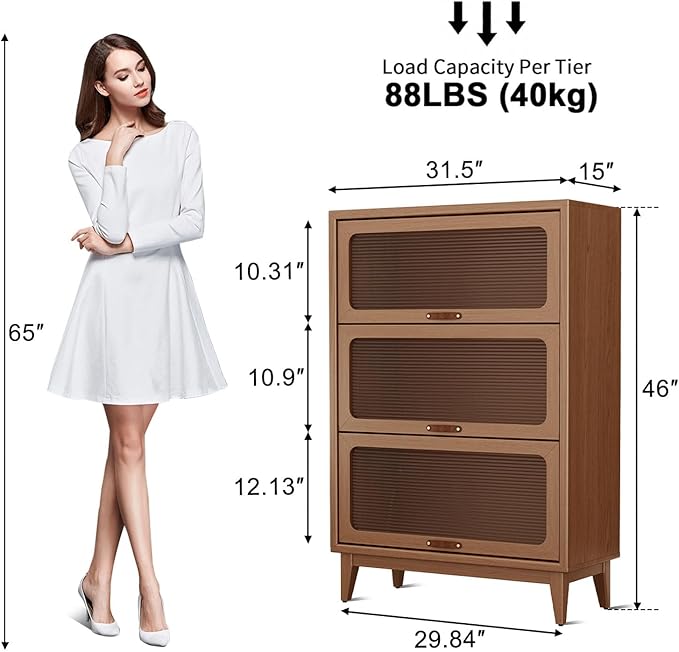 3 tier solid wood book case with corrugated tempered glass doors, dusty wooden bookshelf dark brown Flip-Up Glass Front Doors book cases/shelves for home office room with installation tool