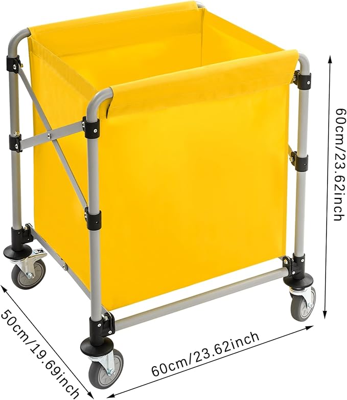 Commercial Laundry Cart with Wheels,Folding Laundry Hamper Cart,Heavy Duty Rolling Laundry Basket with Large Capacity,Laundry Sorter Trolley for Home Hotel Apartment (Yellow, 23.62 * 19.69 * 23.62in)