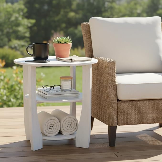 White Round Side Table, 3-Tier End Table with Storage Shelves, Modern Farmhouse Nightstand for Bedroom, Living Room, Nursery & Small Spaces,19.7" D x 21.7" H
