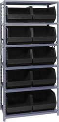 Quantum Storage Systems QSBU-270BK Solid Heavy Duty 6 Shelves 10 Ultra Stack & Hang Black Bins 75" H x 36" W x 18" D