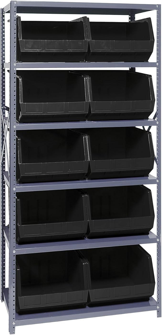 Quantum Storage Systems QSBU-270BK Solid Heavy Duty 6 Shelves 10 Ultra Stack & Hang Black Bins 75" H x 36" W x 18" D