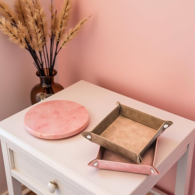 siduater Valet Tray Desktop Storage Organizer – Vegan Leather Catchall Bedside Vanity Tray Nightstand Caddy Holder for Remote Controller, Watch, Keys, Phone, Wallet, Coin, Jewelry, Stone Pink